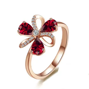 Red Crystal & Cubic Zirconia Floral Adjustable Ring