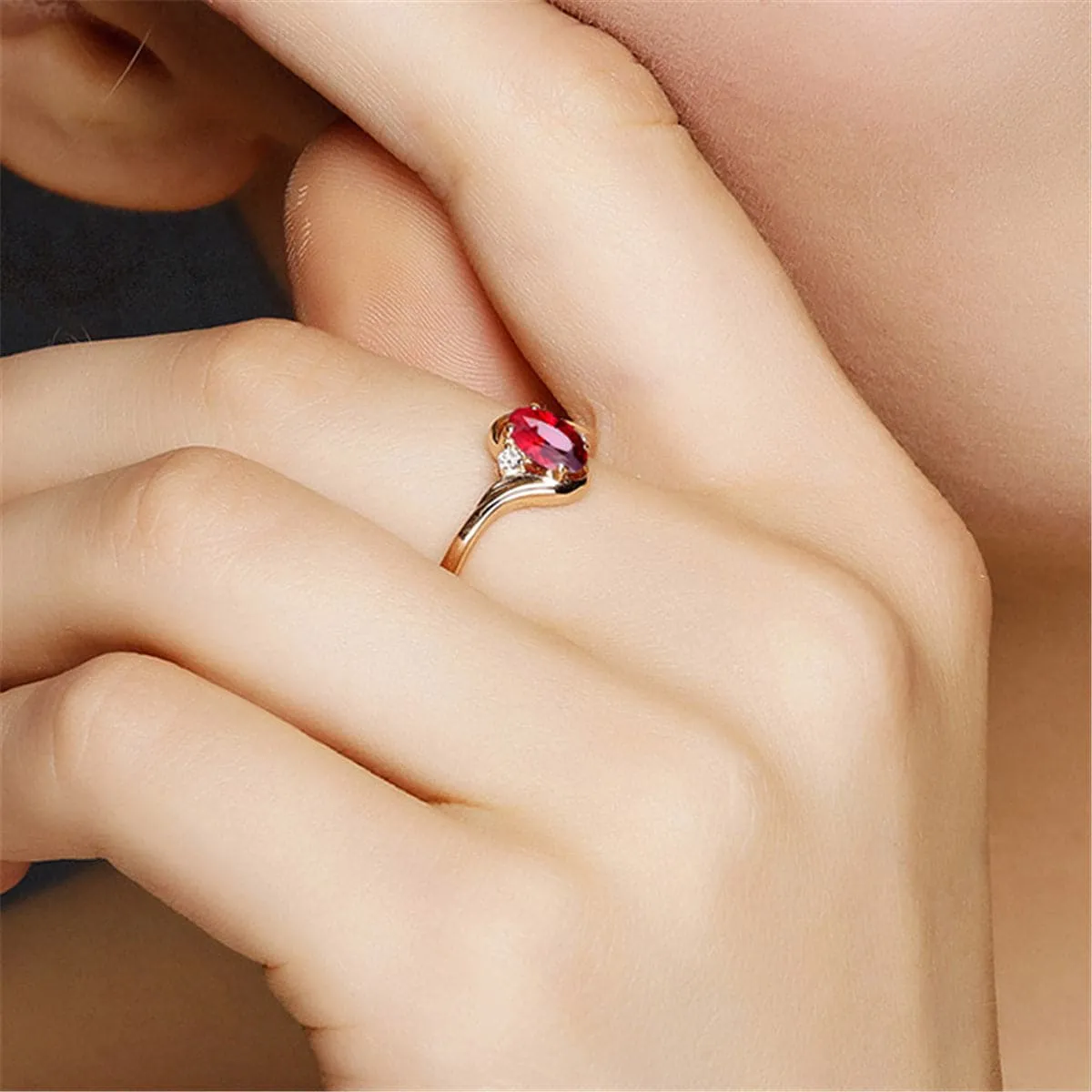 Red Crystal & Cubic Zironia 18K Rose Gold-Plated Adjustable Oval-Cut Ring