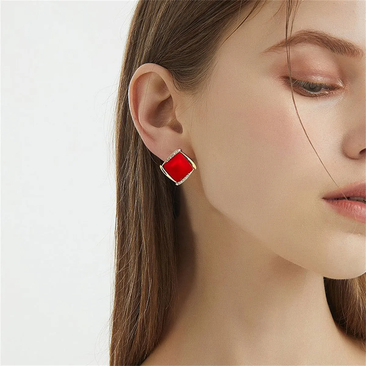 Red Resin & Cubic Zirconia Rhombus Stud Earrings