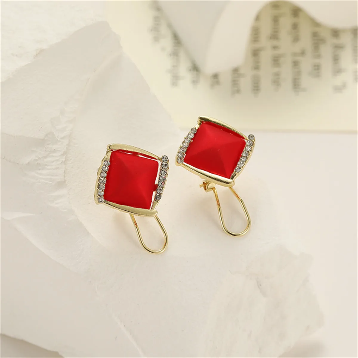 Red Resin & Cubic Zirconia Rhombus Stud Earrings