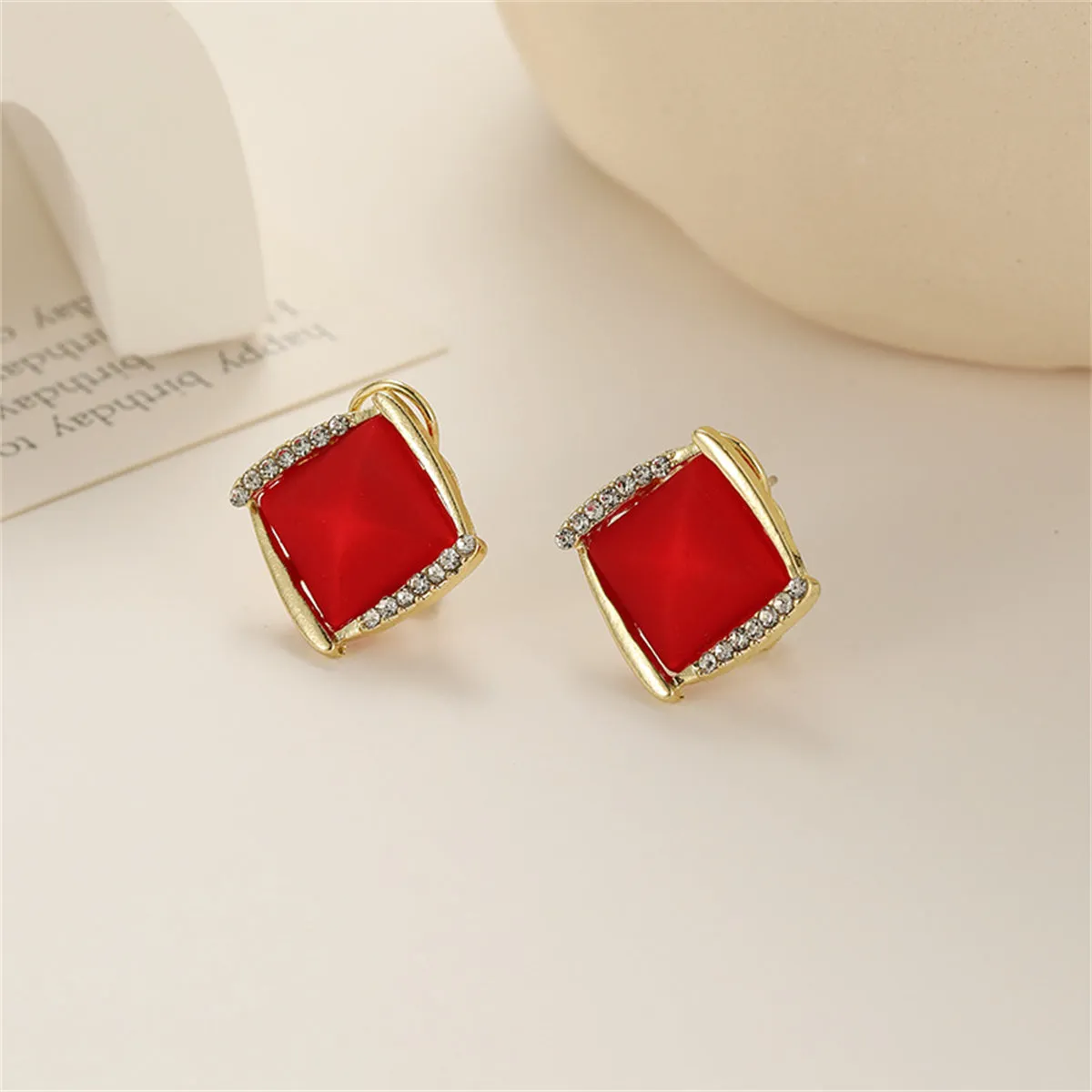 Red Resin & Cubic Zirconia Rhombus Stud Earrings