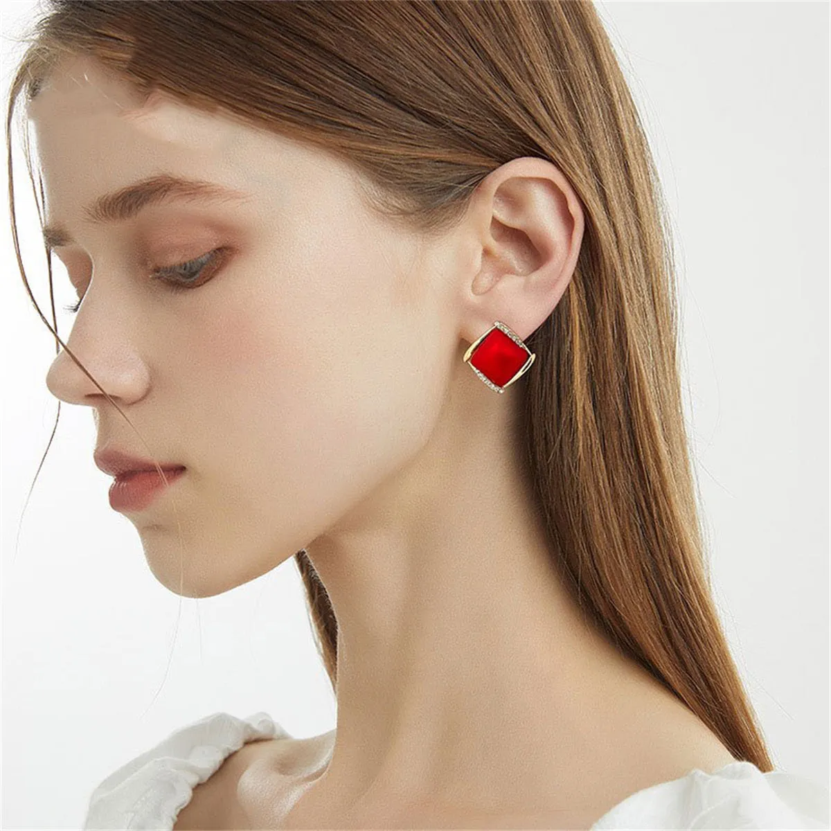 Red Resin & Cubic Zirconia Rhombus Stud Earrings