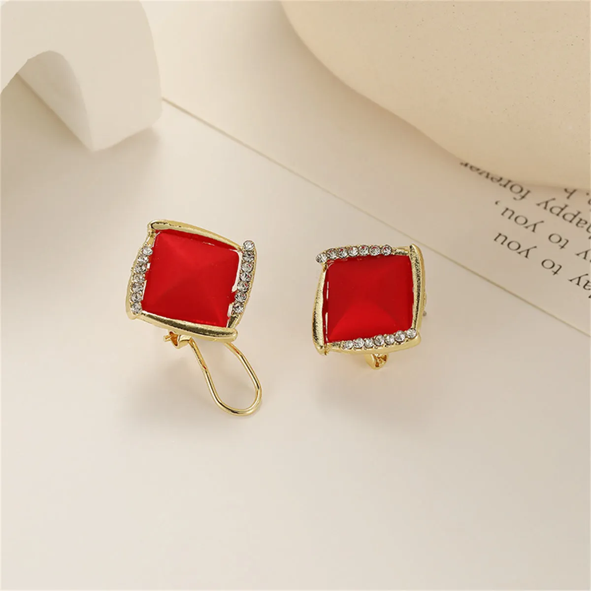 Red Resin & Cubic Zirconia Rhombus Stud Earrings