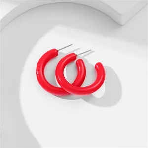 Red Resin & Silver-Plated C-Shape Hoop Earrings