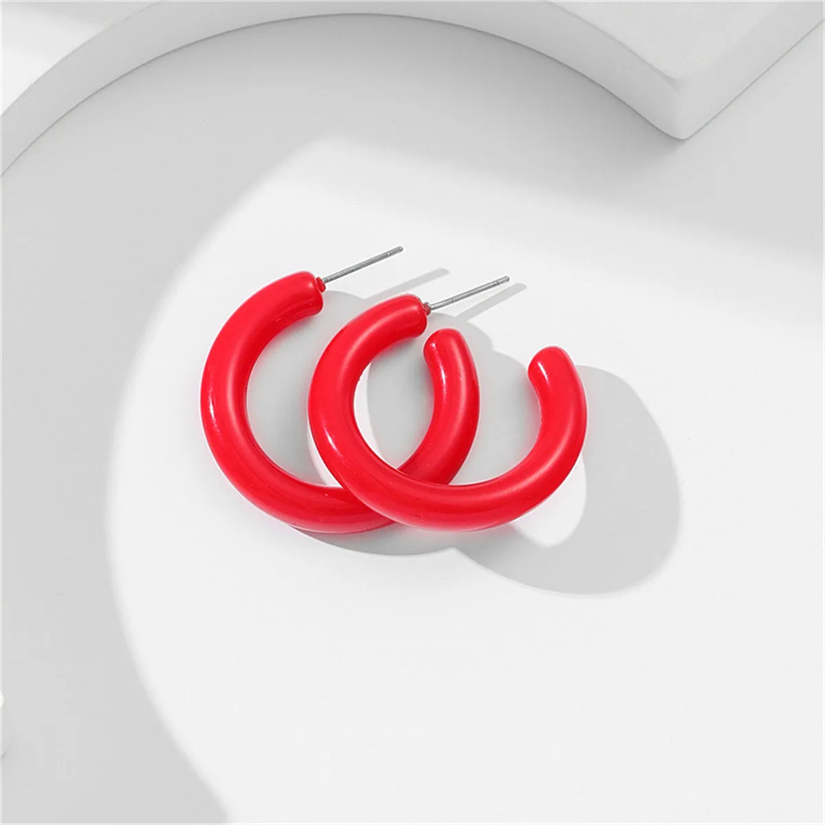 Red Resin & Silver-Plated C-Shape Hoop Earrings
