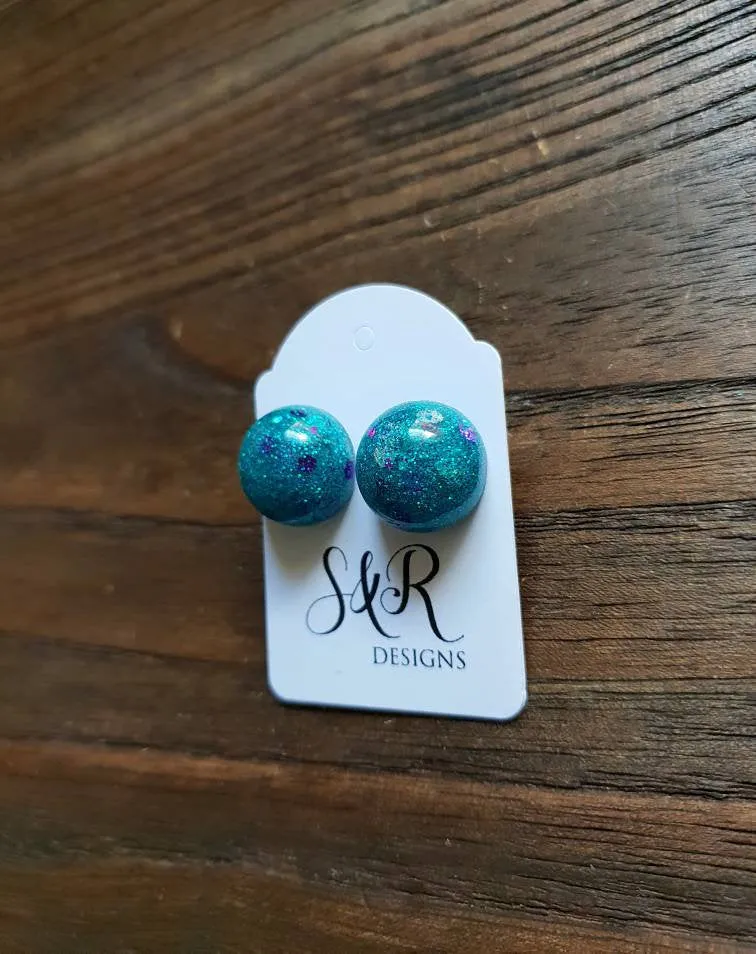 Resin Ball Stud earrings Teal Purple Silver Mix Earrings, stainless steel earrings 14mm