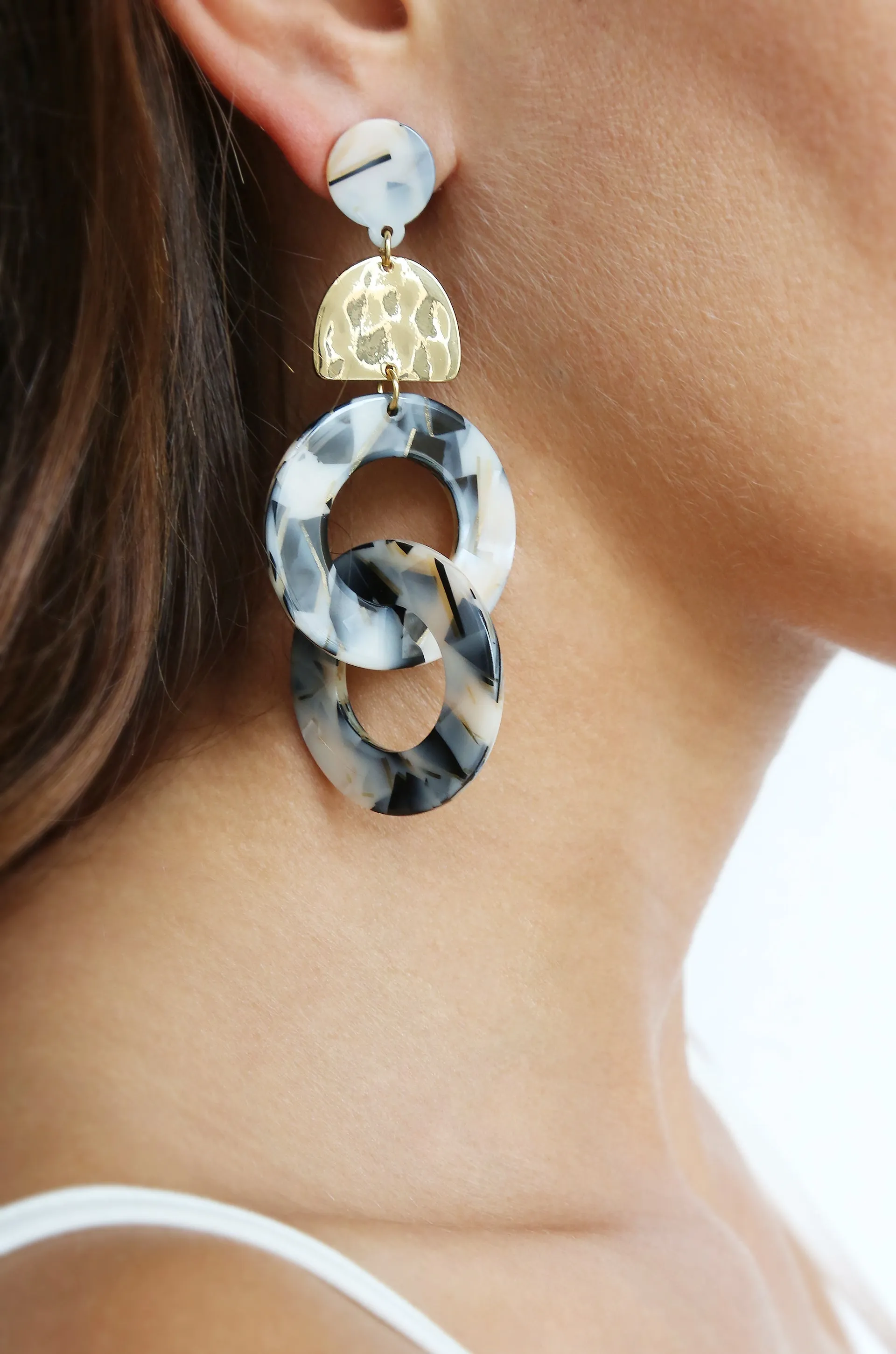 Resin Black & White Mix Interlocking Hoop 18k Gold Plated Earrings