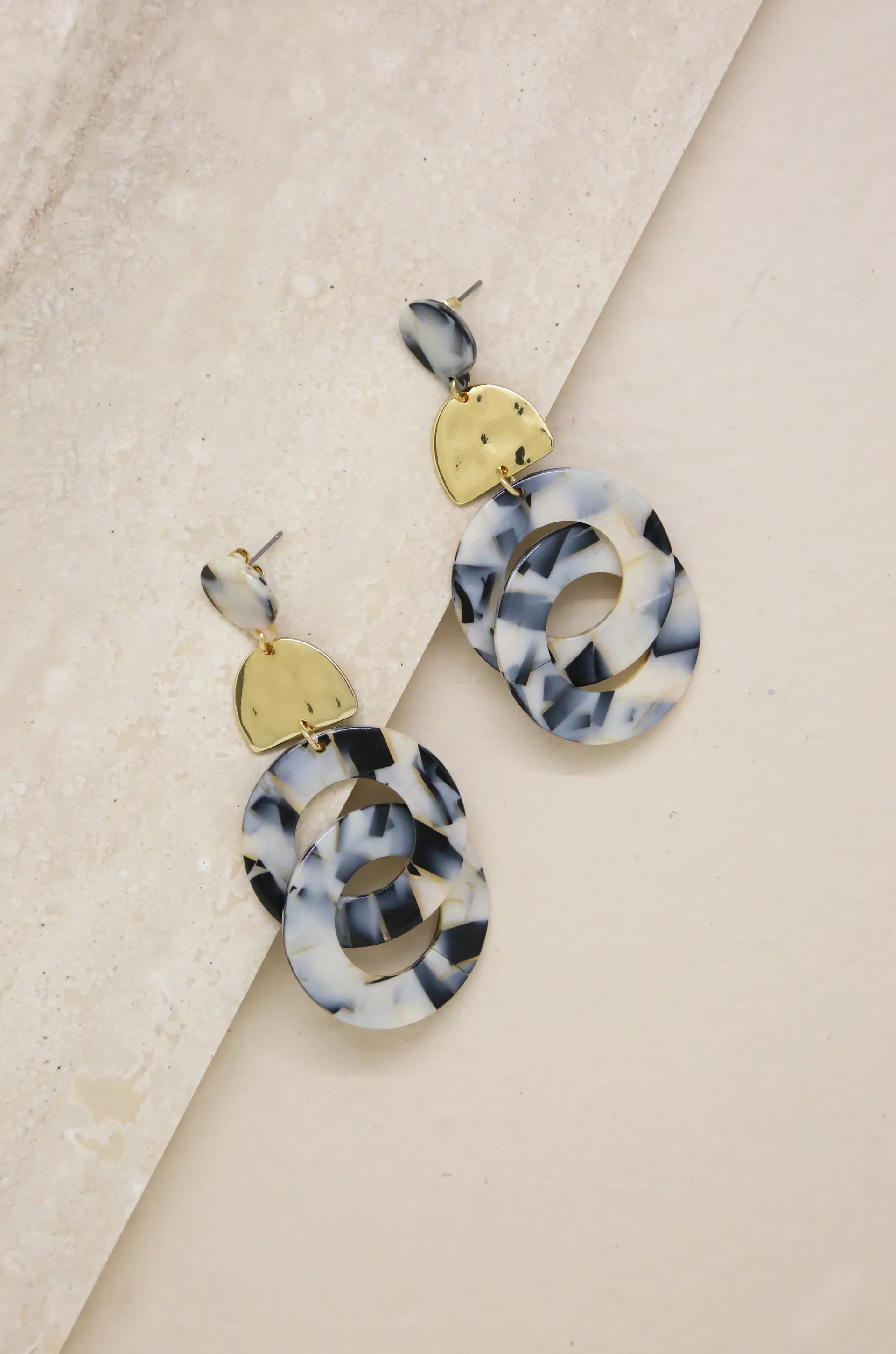 Resin Black & White Mix Interlocking Hoop 18k Gold Plated Earrings