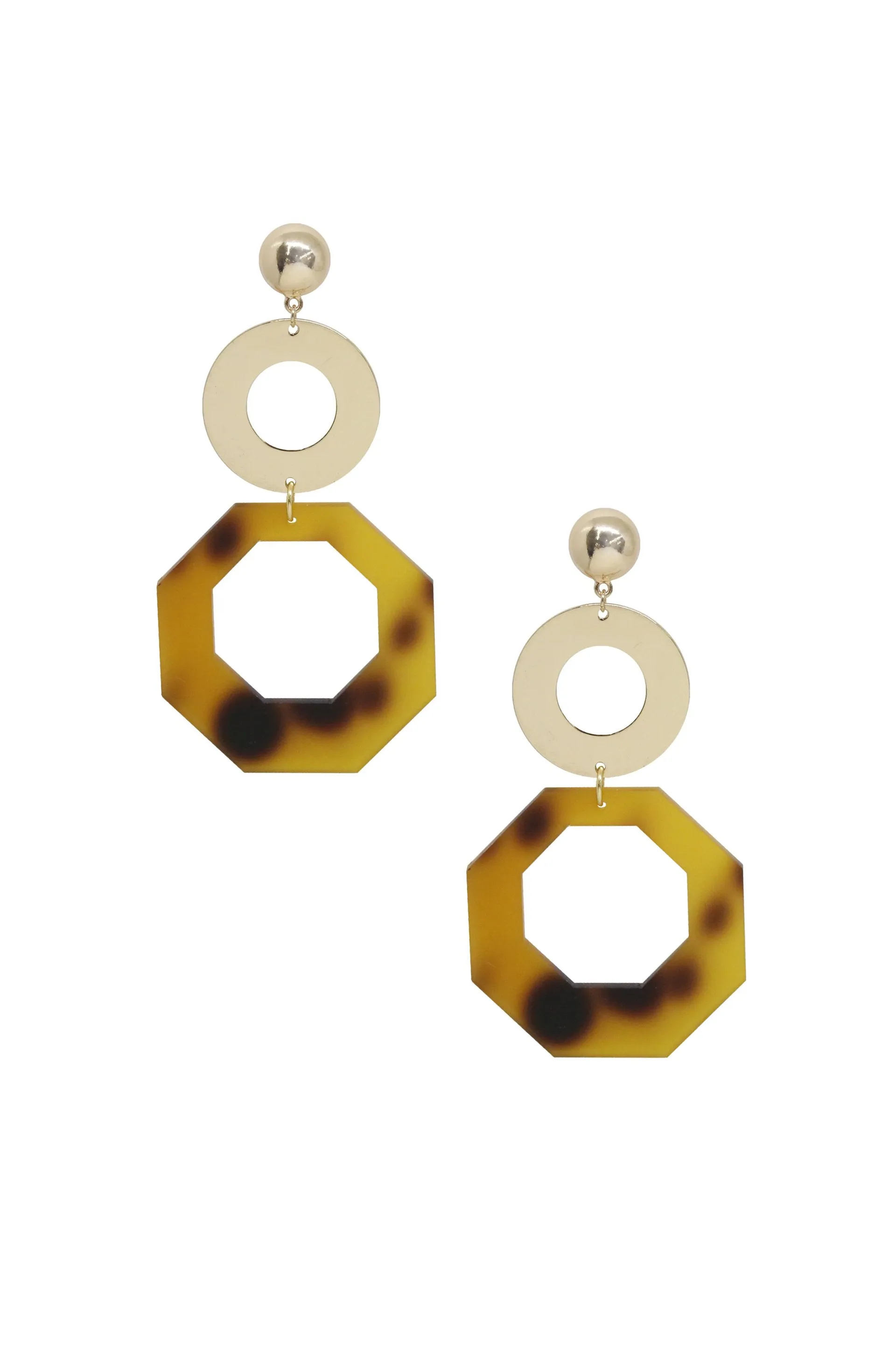 Resin Tortoise Shell Octagon 18k Gold Plated Drop Earrings