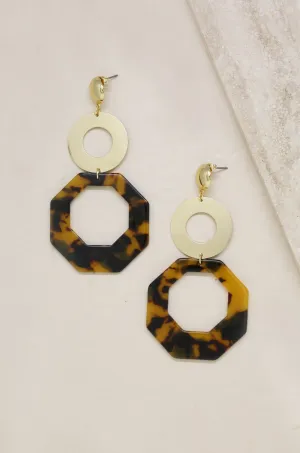 Resin Tortoise Shell Octagon 18k Gold Plated Drop Earrings