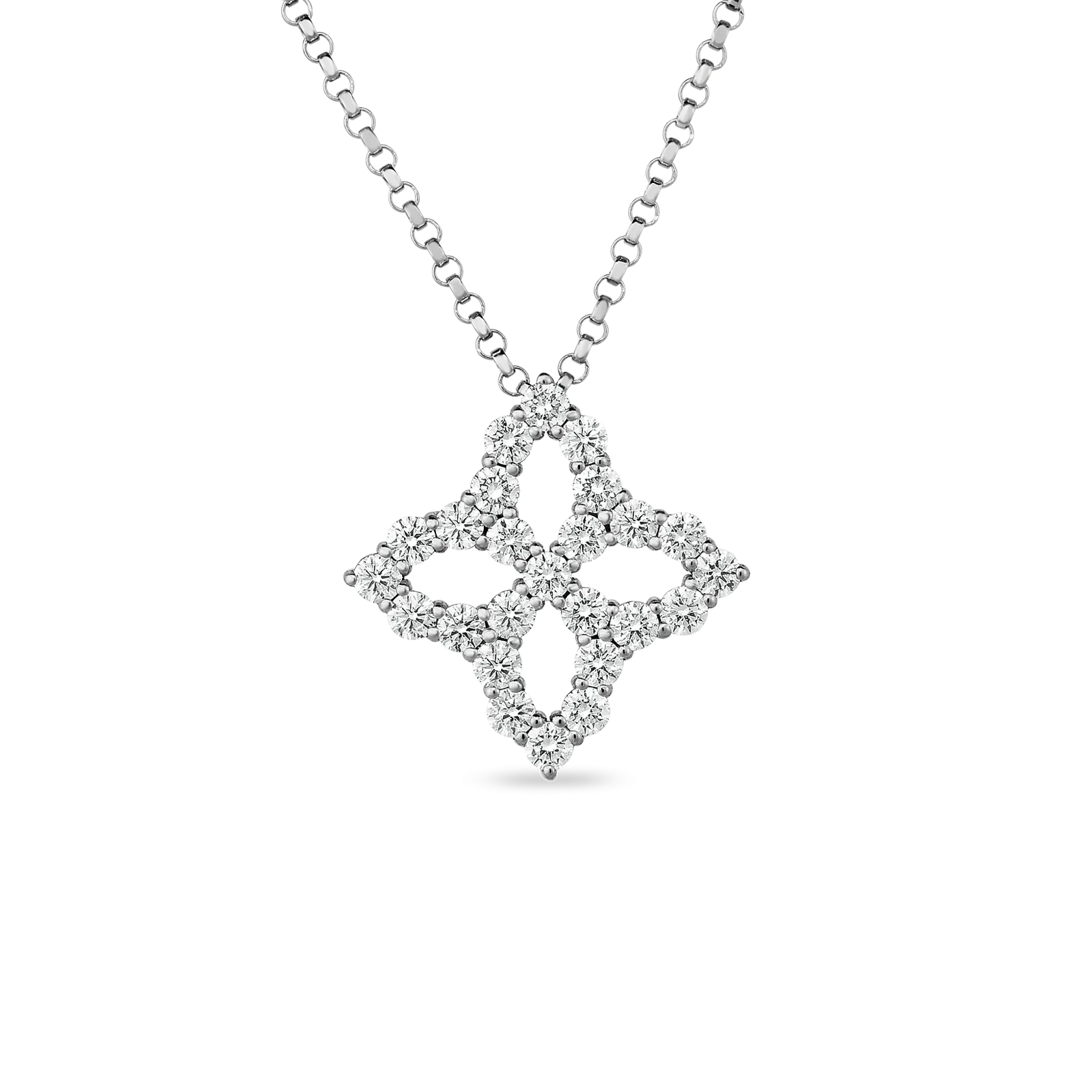 Roberto Coin 18k White Gold Medium Outline Princess Flower Diamond Pendant 16-18" Adjustable Chain (D=.50)