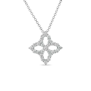 Roberto Coin 18k White Gold Medium Outline Princess Flower Diamond Pendant 16-18" Adjustable Chain (D=.50)