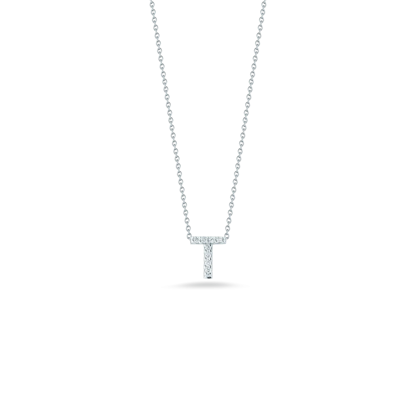 Roberto Coin 18k White Gold Tiny Treasures Diamond Block Love Letter "T" Pendant 16-18" Adjustable Chain (D=.04)