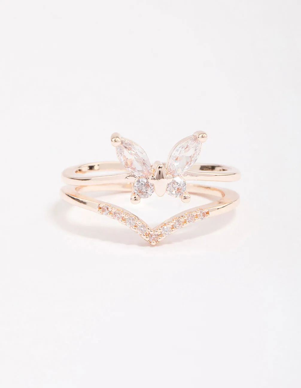 Rose Gold Plated Cubic Zirconia Butterfly Double Band Ring