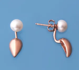 Rose Gold Plated Silver Earrings with 6.5-7mm Button Shape Freshwater Pearl