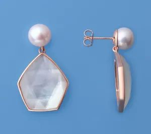 Rose Gold Plated Silver Earrings with 8.5-9mm Button Shape Freshwater Pearl and Mother of Pearl
