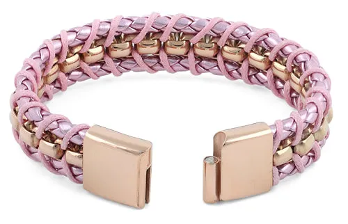 Rose Gold Plated Steel Chain Pink Leather Bracelet
