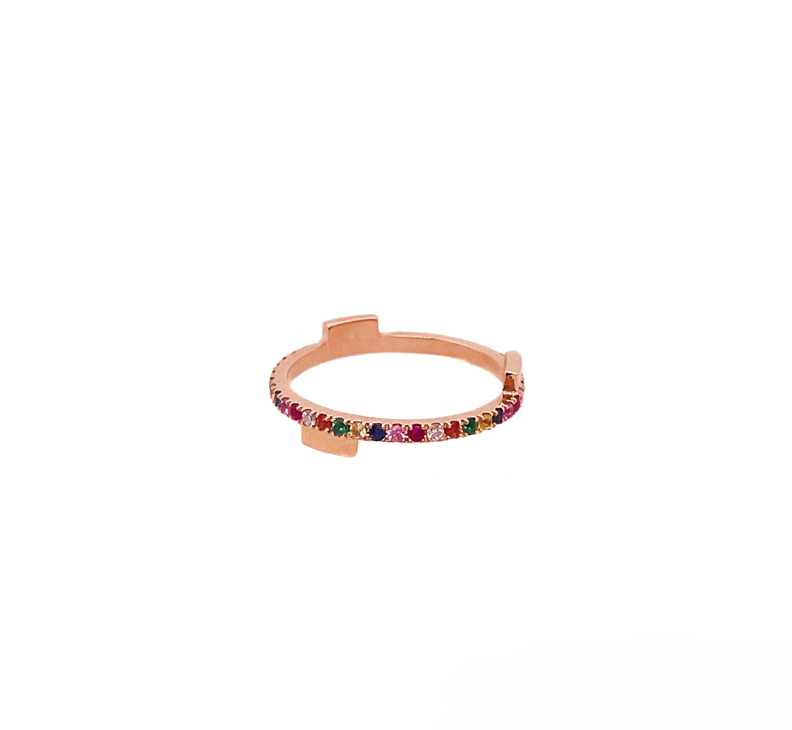 Ruby, Sapphire, Emerald, and Diamond Asymmetric Ring in Rose Gold