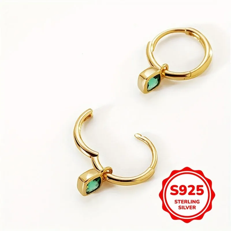 S925 Silver Vintage Green Square Zirconia Earrings