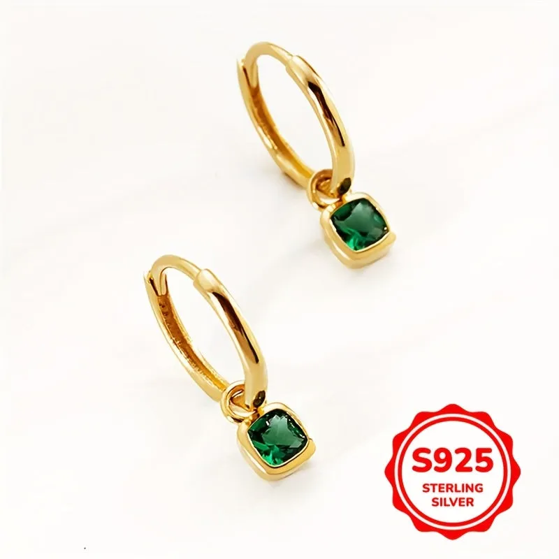 S925 Silver Vintage Green Square Zirconia Earrings