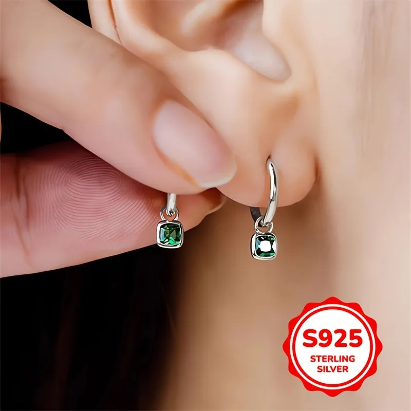 S925 Silver Vintage Green Square Zirconia Earrings