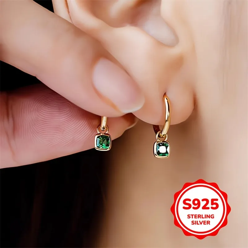 S925 Silver Vintage Green Square Zirconia Earrings