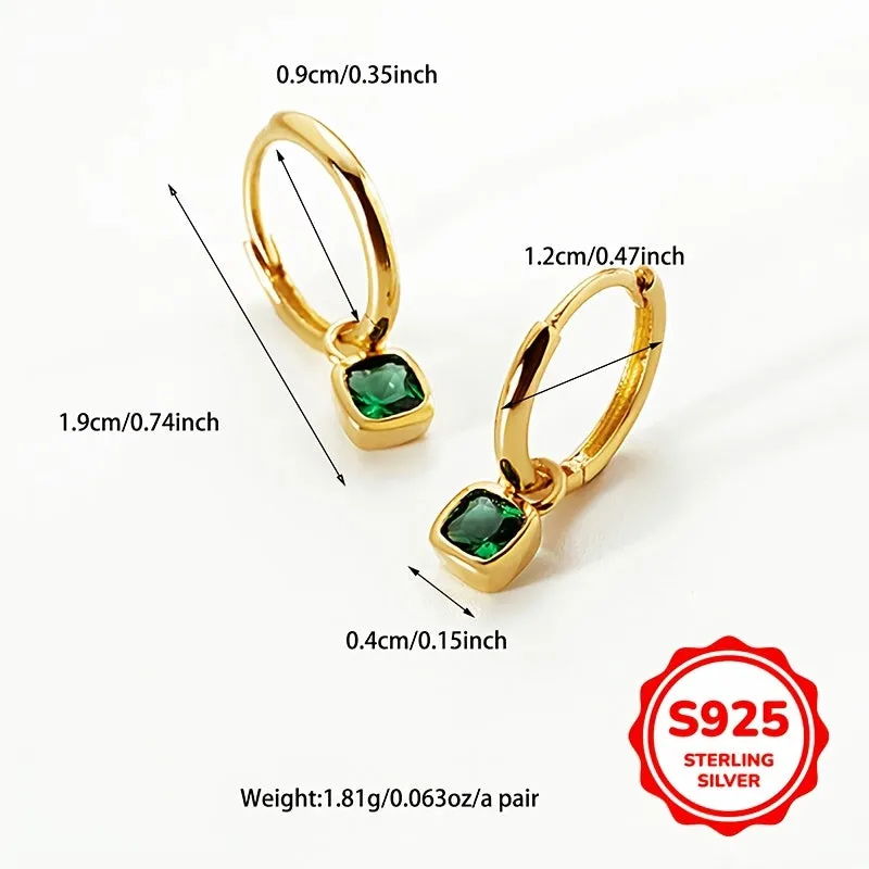S925 Silver Vintage Green Square Zirconia Earrings