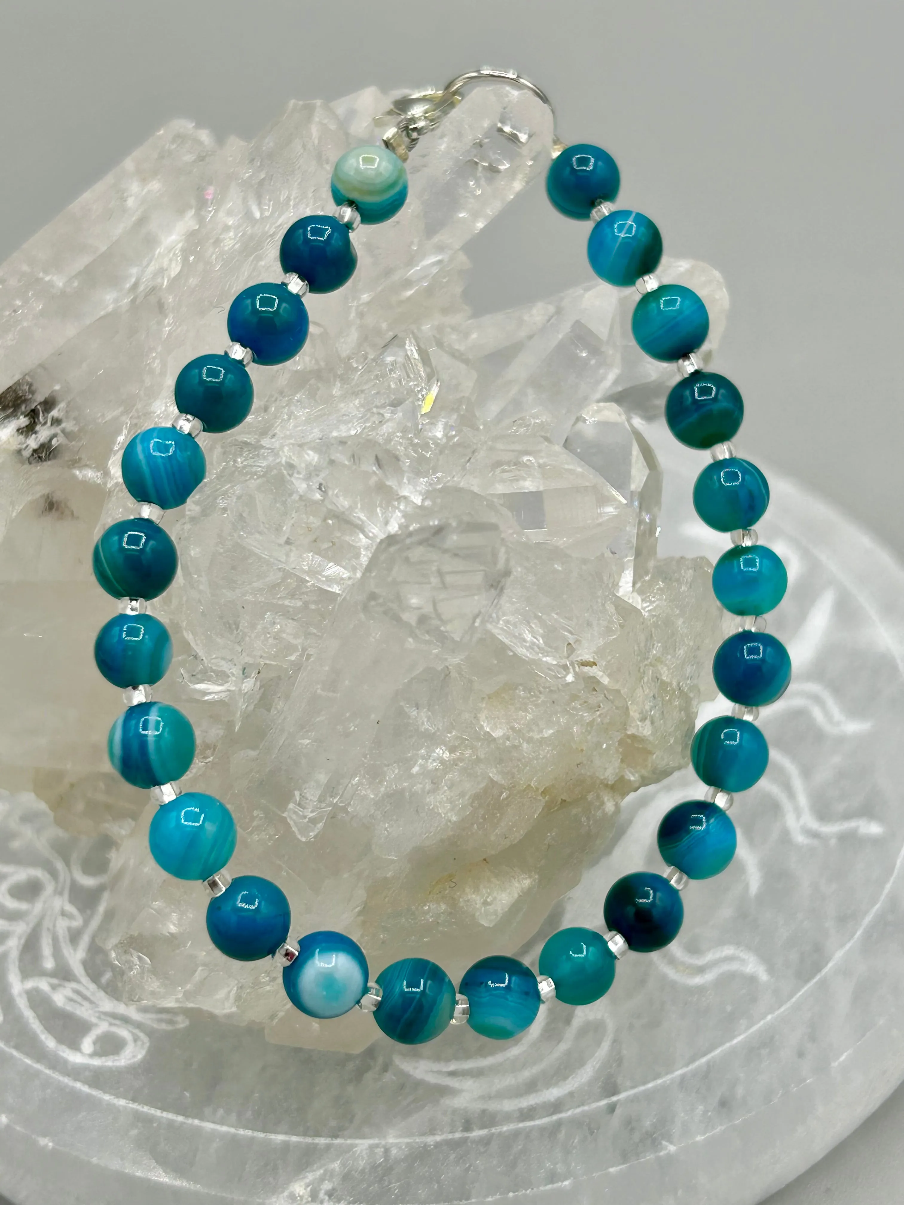 Sea Blue Stripped Agate Round Beaded Bracelet, Nature Inspired Jewelry
