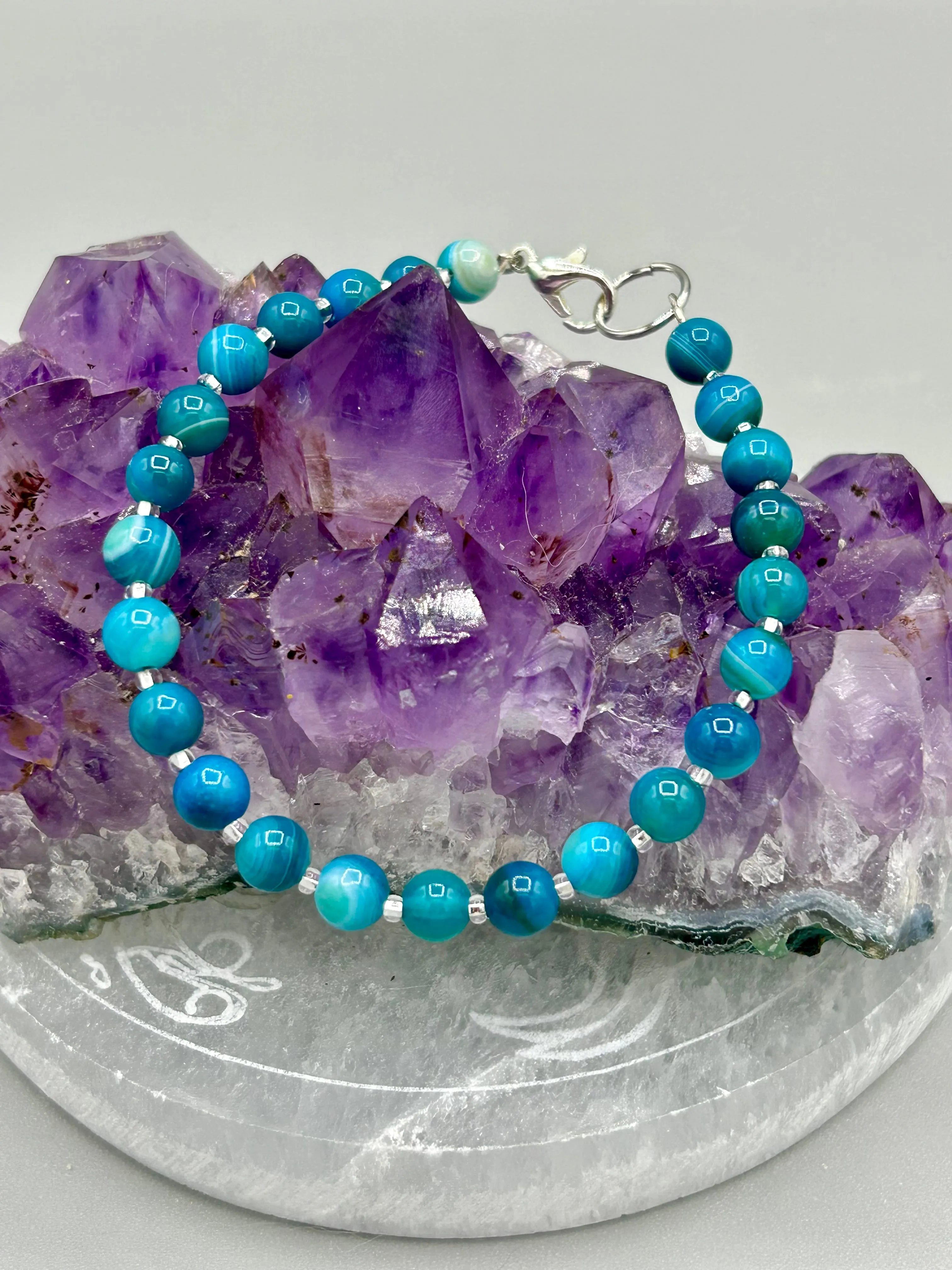 Sea Blue Stripped Agate Round Beaded Bracelet, Nature Inspired Jewelry