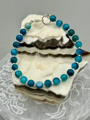 Sea Blue Stripped Agate Round Beaded Bracelet, Nature Inspired Jewelry