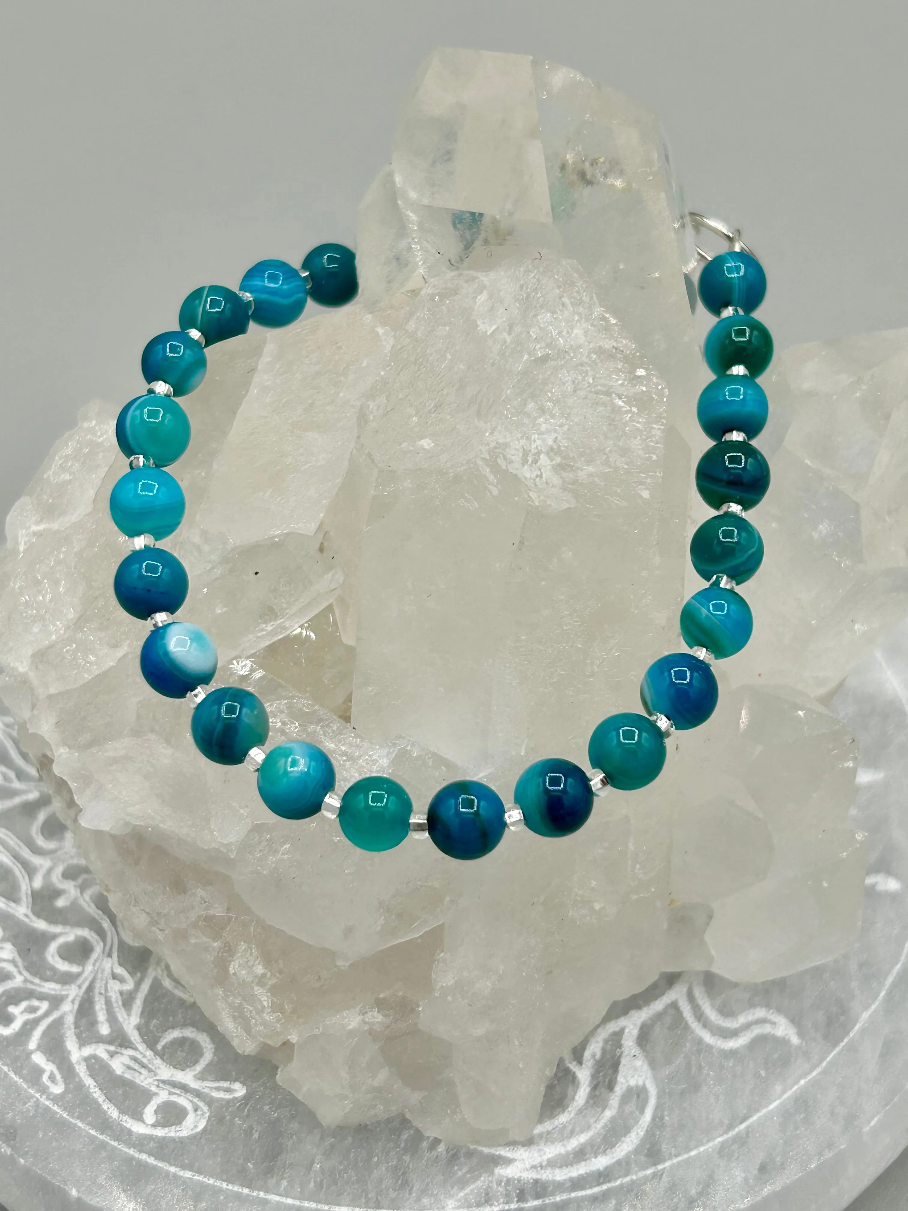 Sea Blue Stripped Agate Round Beaded Bracelet, Nature Inspired Jewelry
