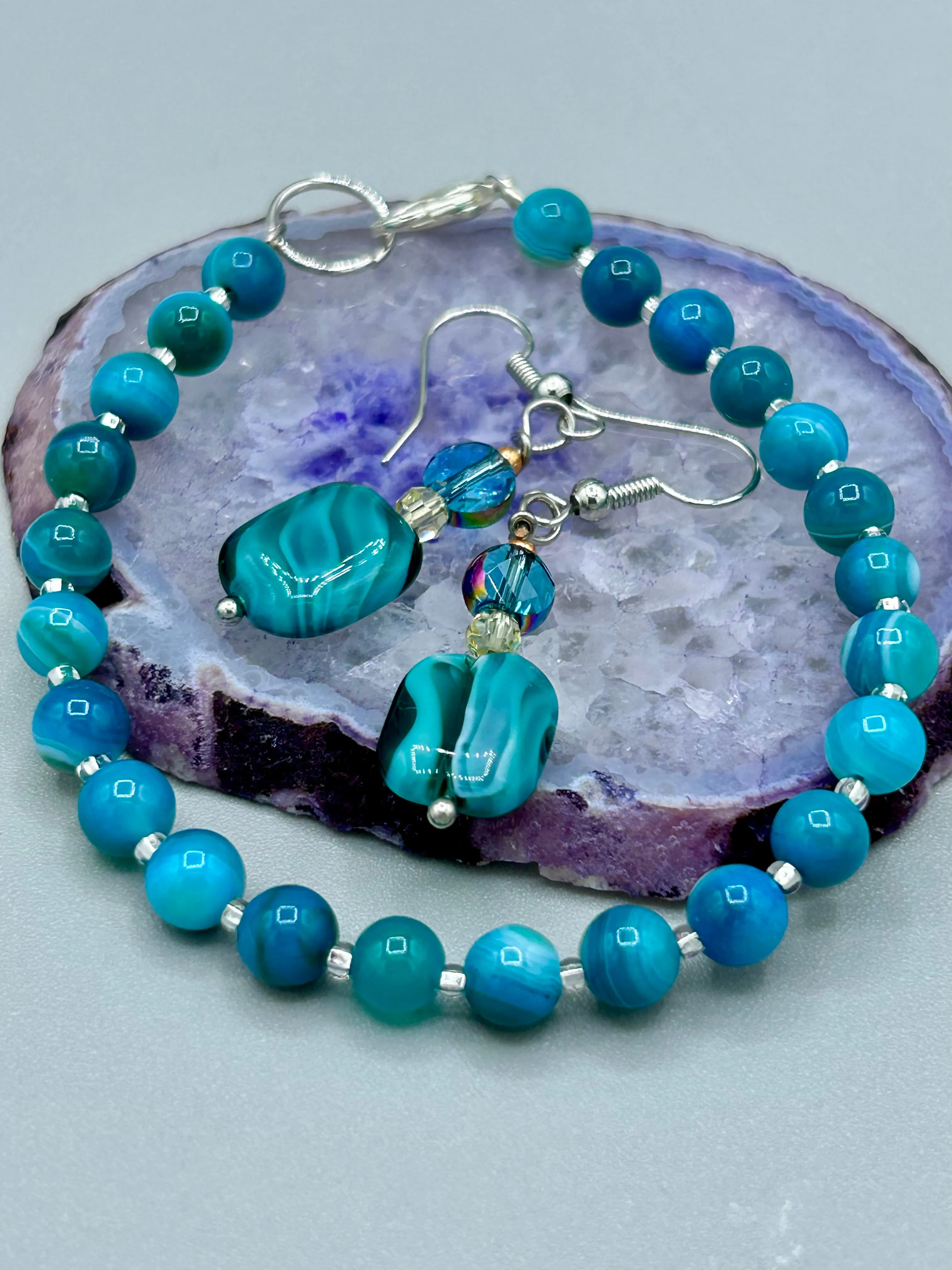 Sea Blue Stripped Agate Round Beaded Bracelet, Nature Inspired Jewelry