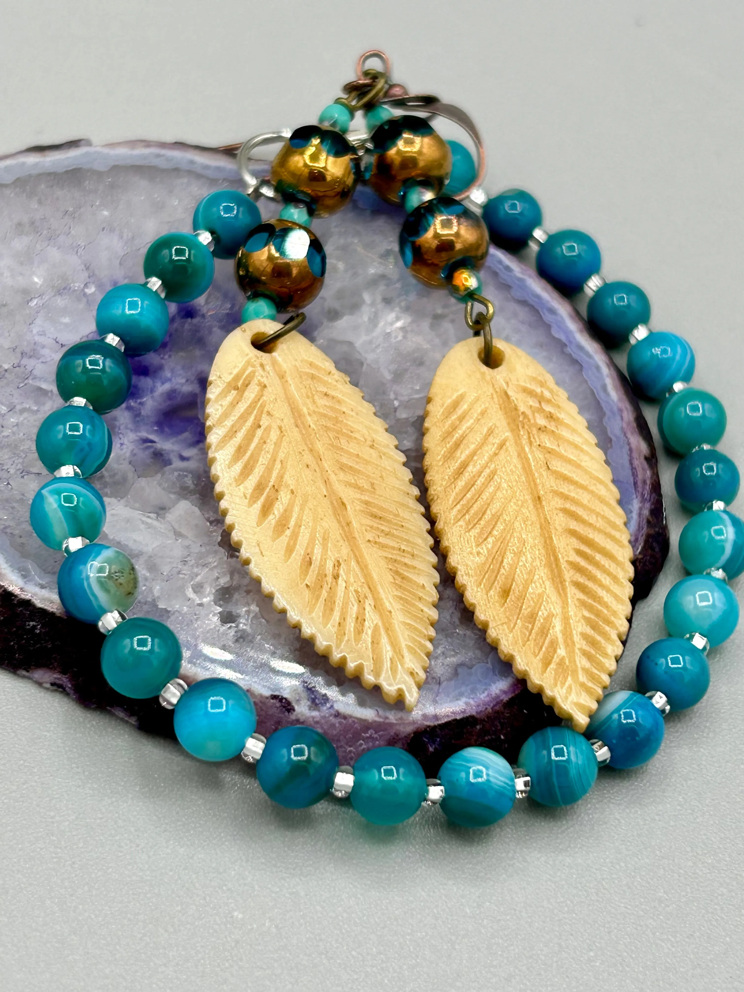 Sea Blue Stripped Agate Round Beaded Bracelet, Nature Inspired Jewelry