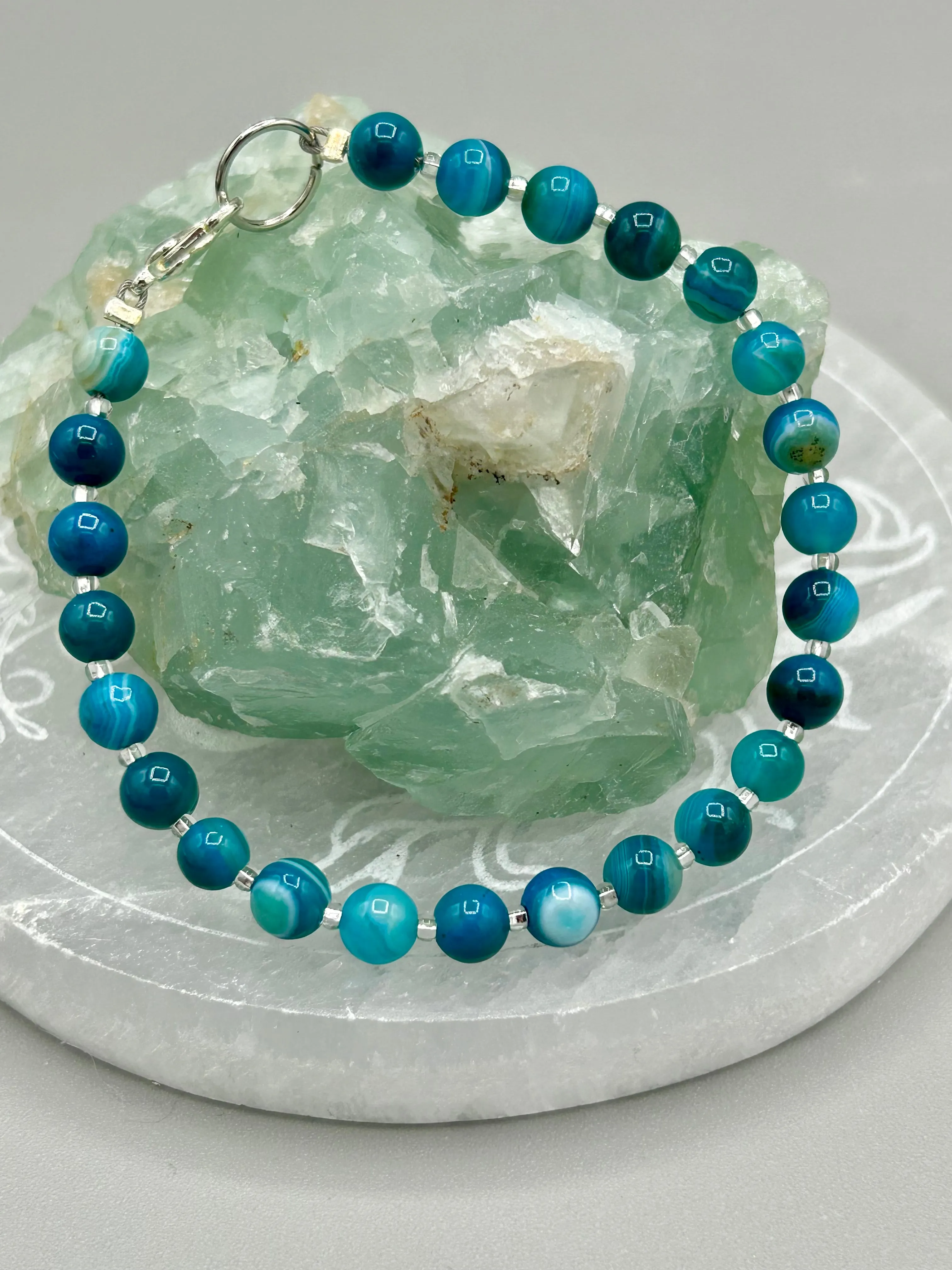 Sea Blue Stripped Agate Round Beaded Bracelet, Nature Inspired Jewelry