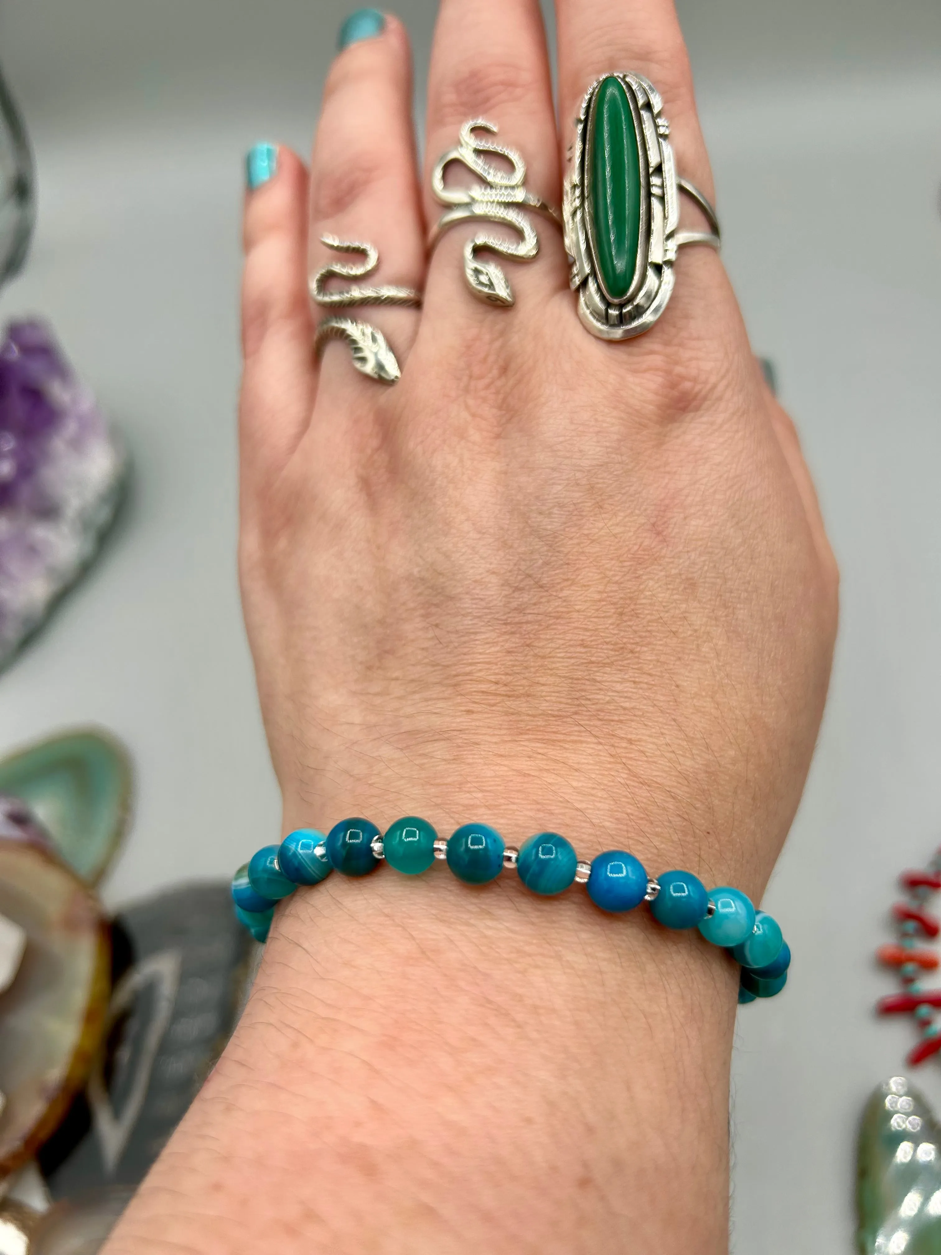 Sea Blue Stripped Agate Round Beaded Bracelet, Nature Inspired Jewelry