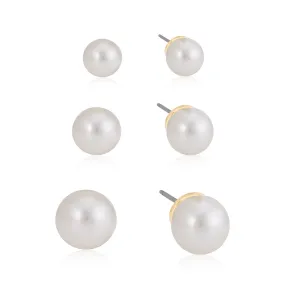 SET OF 3  GOLD CREAM PEARL STUD  EARRINGS #HNE86599GDCM (KH7)