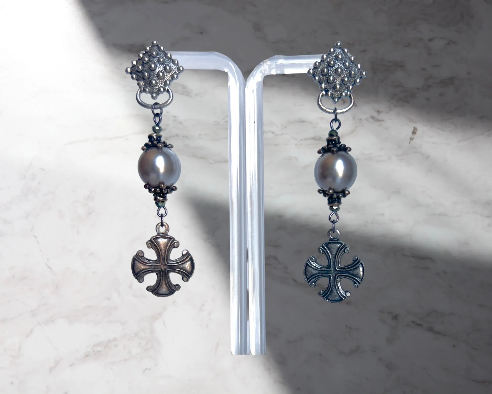 Shay Silver Pearl and Cross Earrings
