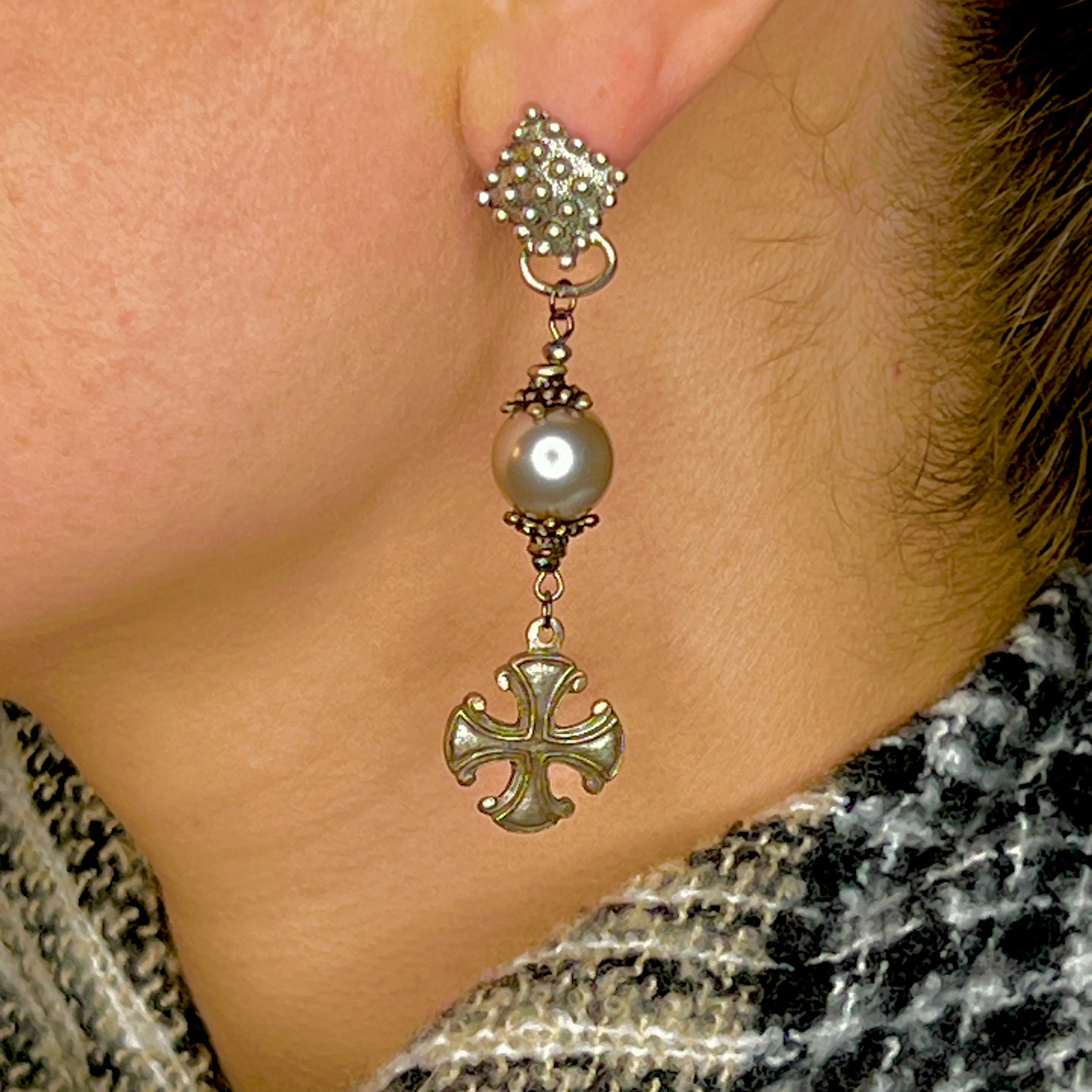 Shay Silver Pearl and Cross Earrings