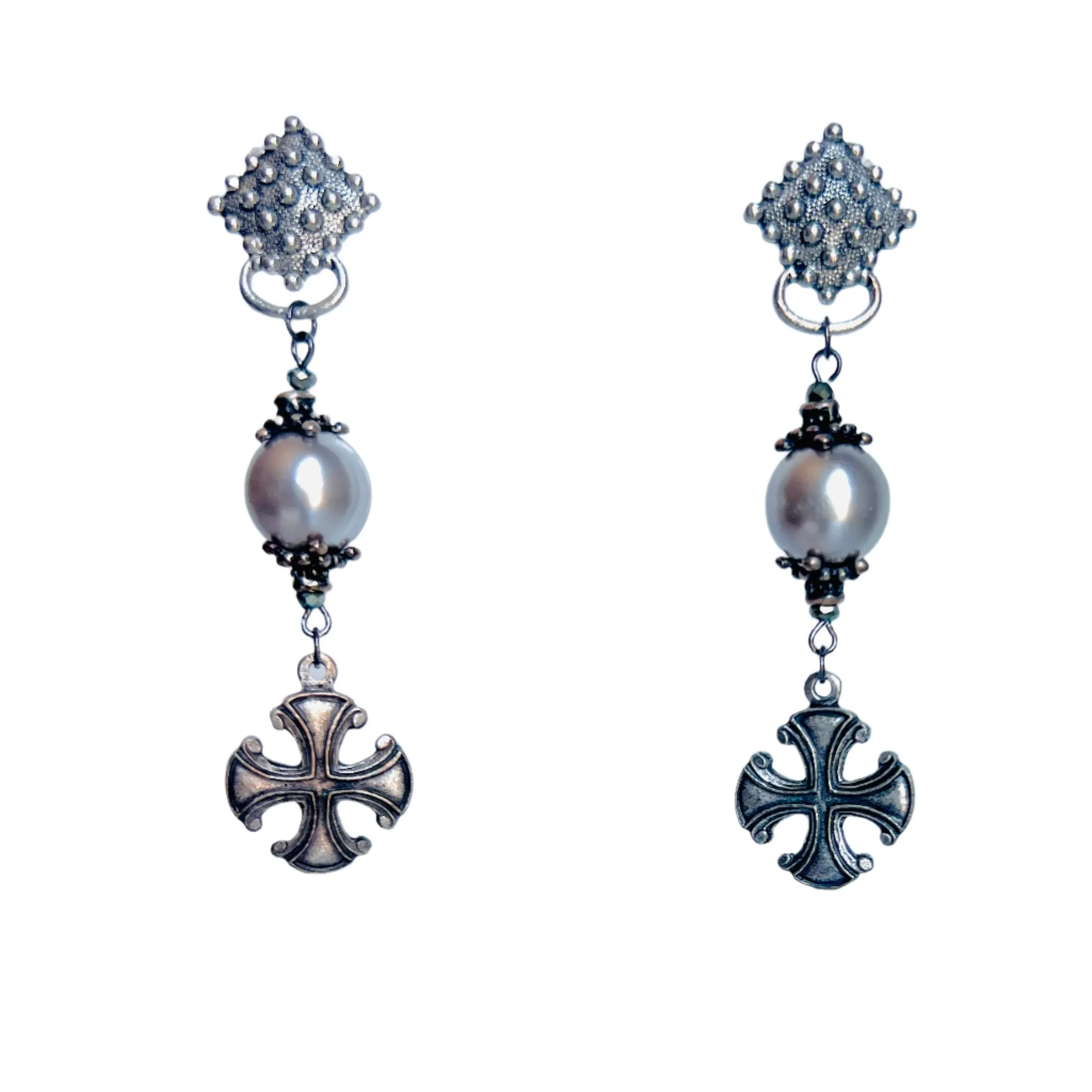 Shay Silver Pearl and Cross Earrings