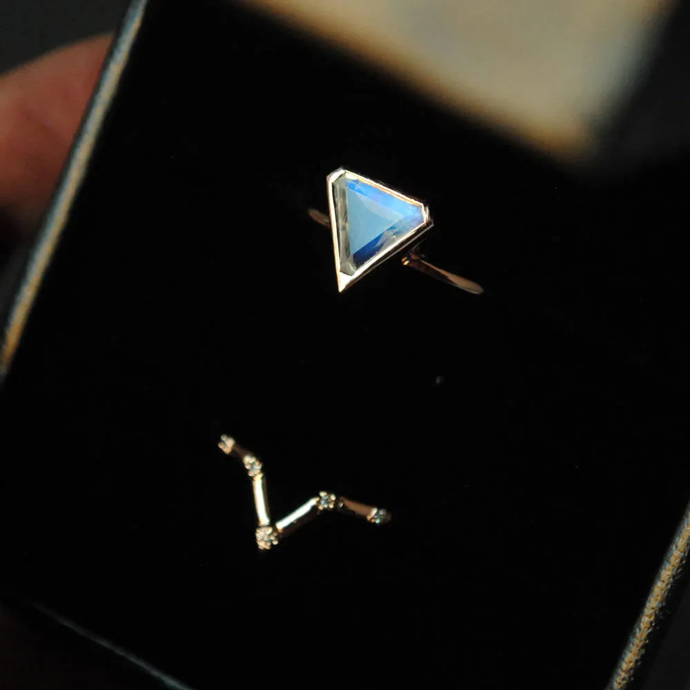 Shield Cut Moonstone & Pave Diamond V Wedding Ring Set