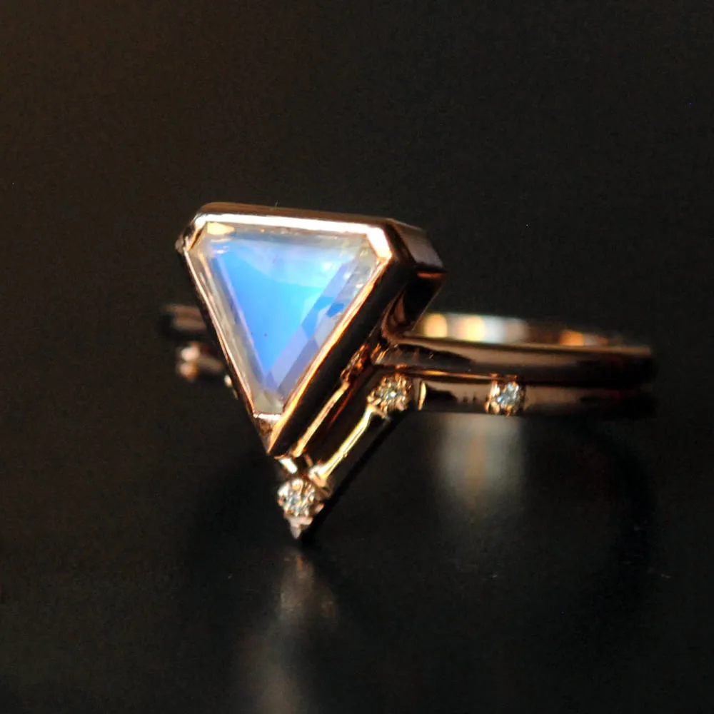 Shield Cut Moonstone & Pave Diamond V Wedding Ring Set