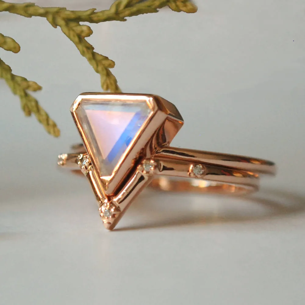 Shield Cut Moonstone & Pave Diamond V Wedding Ring Set