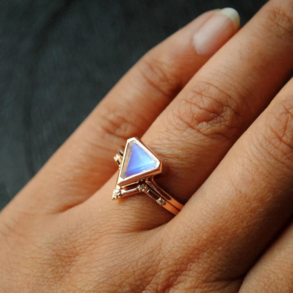 Shield Cut Moonstone & Pave Diamond V Wedding Ring Set