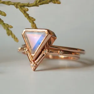 Shield Cut Moonstone & Pave Diamond V Wedding Ring Set