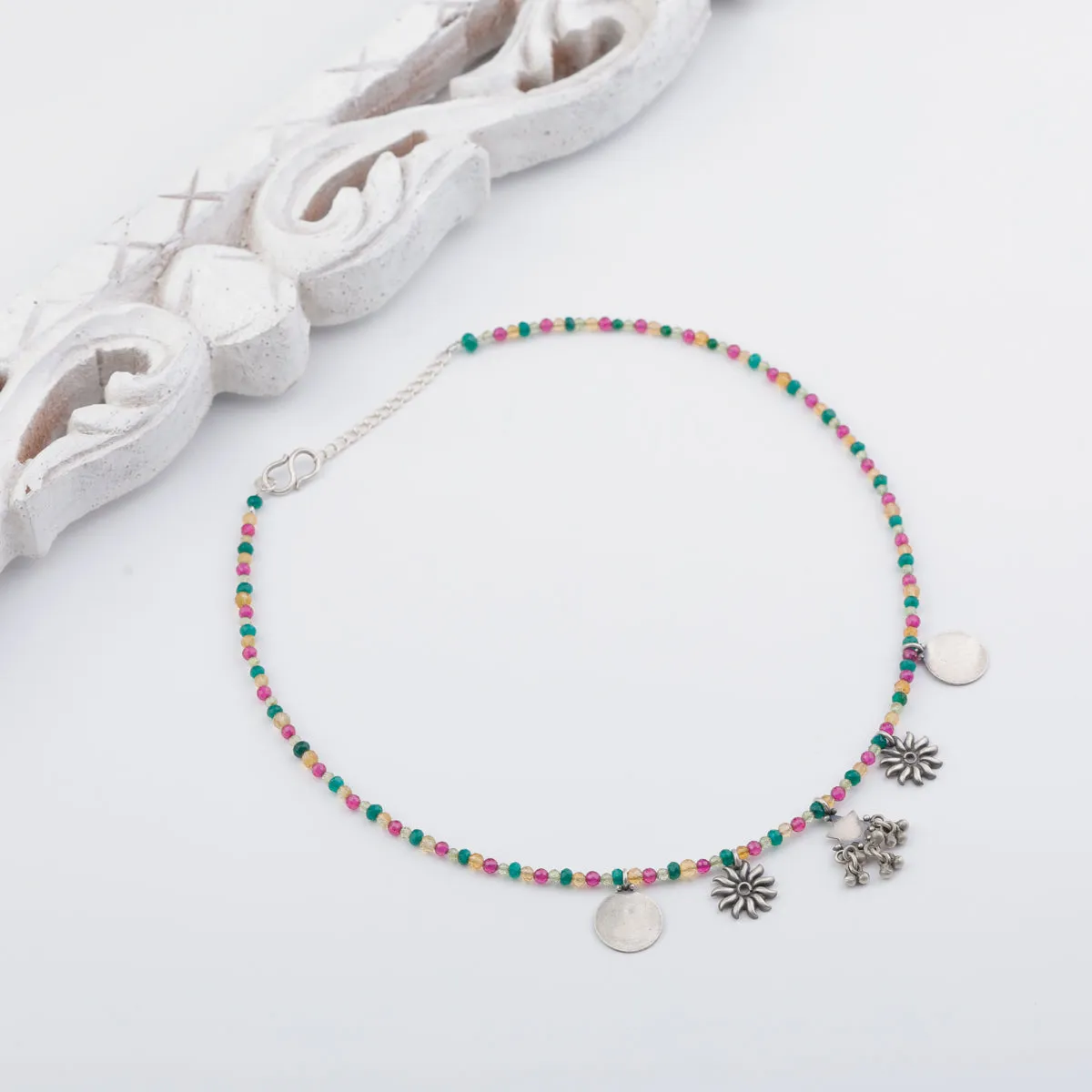 Silver 5 Charm Necklace with Multicolor Stones