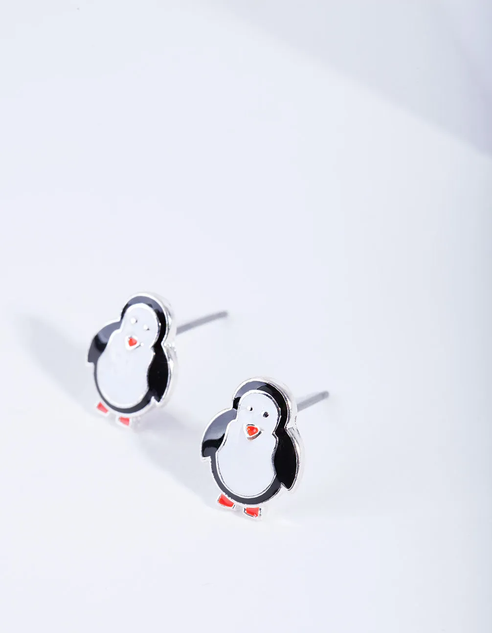Silver Black & White Penguin Stud Earrings