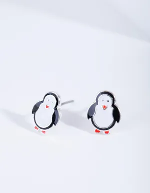 Silver Black & White Penguin Stud Earrings