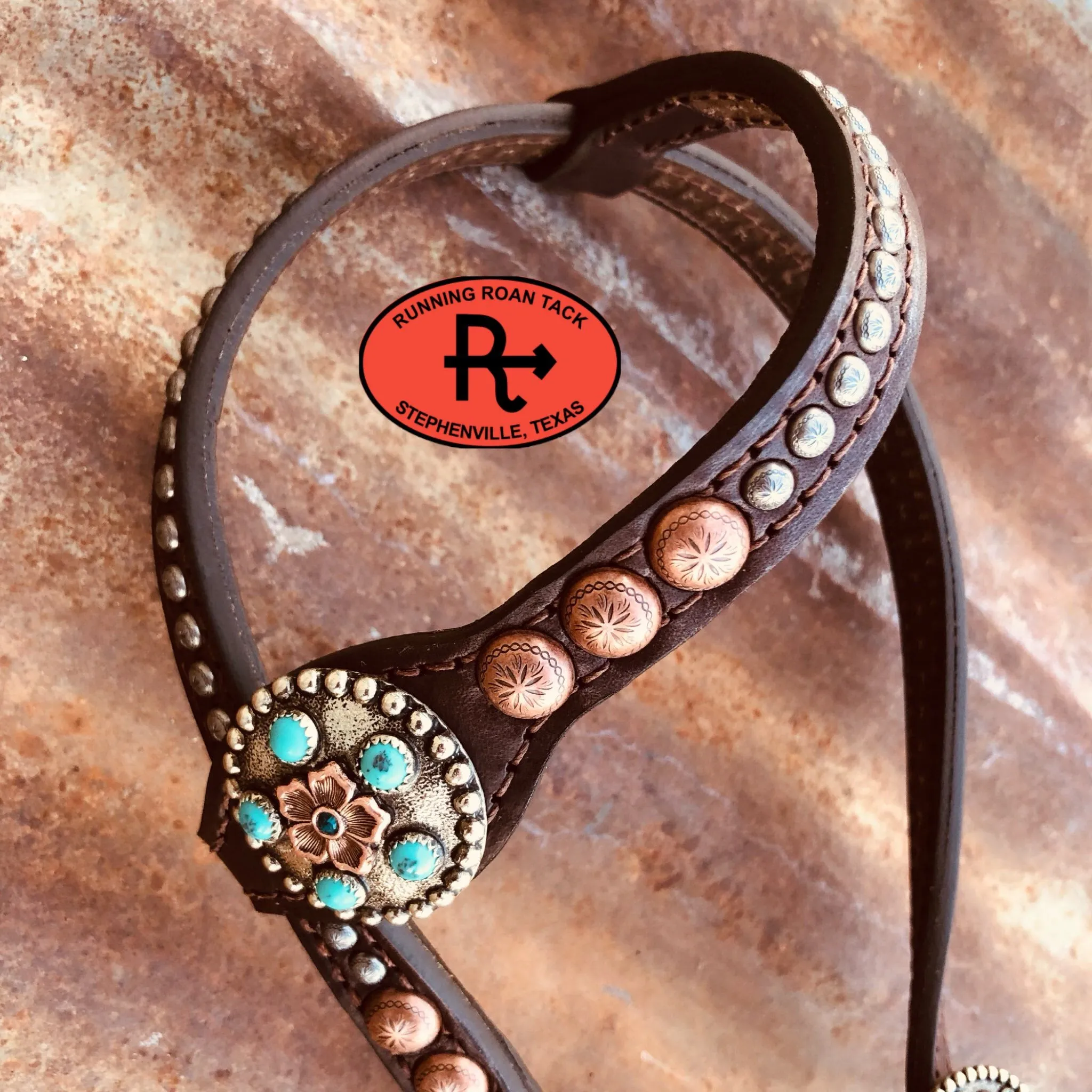 Single Ear Ring Headstall with Multicolor Dots and German Silver Flower Hardware 40"-44"