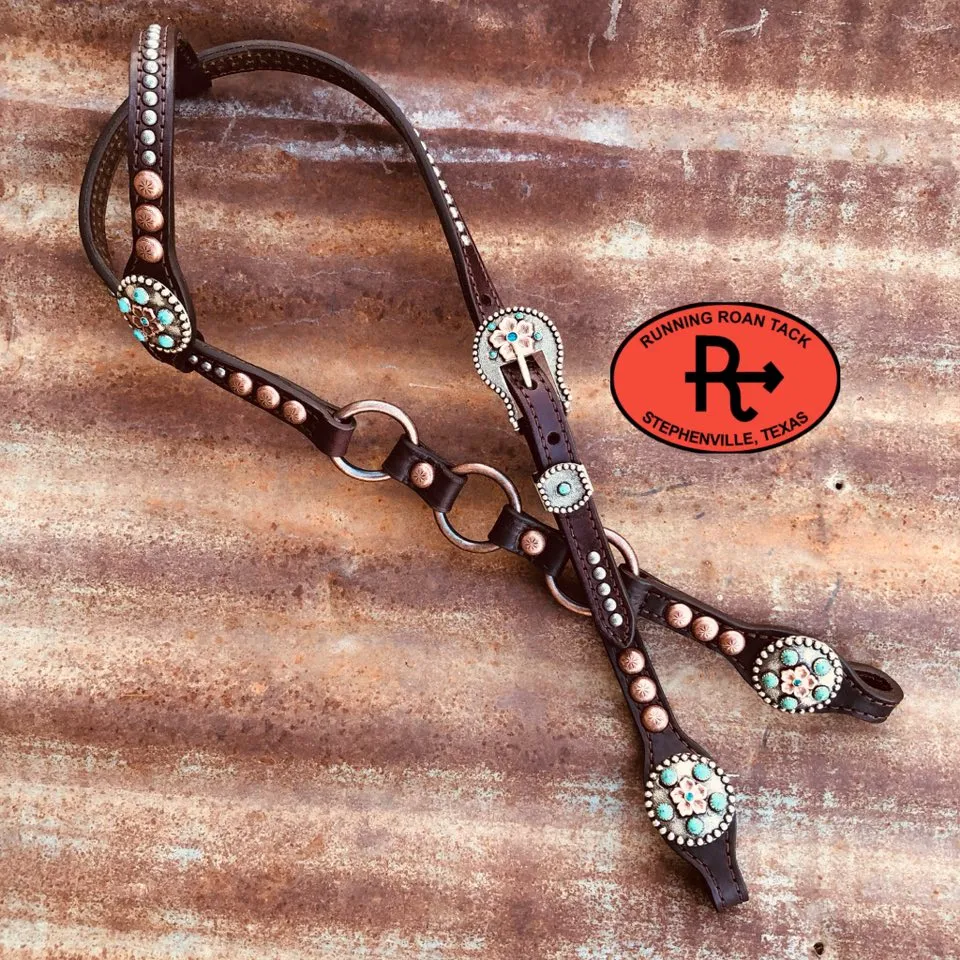 Single Ear Ring Headstall with Multicolor Dots and German Silver Flower Hardware 40"-44"