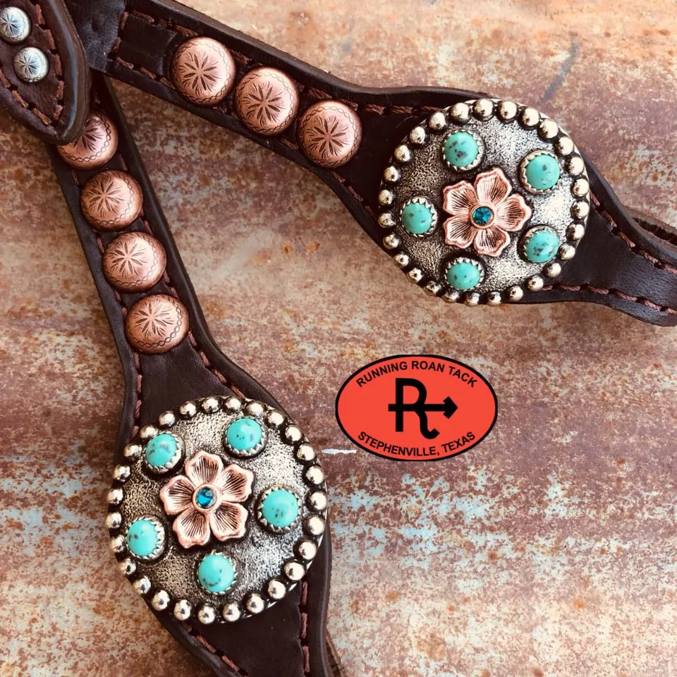 Single Ear Ring Headstall with Multicolor Dots and German Silver Flower Hardware 40"-44"